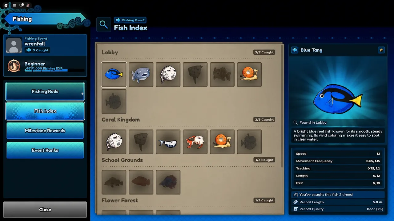 Fish Index screen with the Blue Tang entry selected showing its details and catch statistics