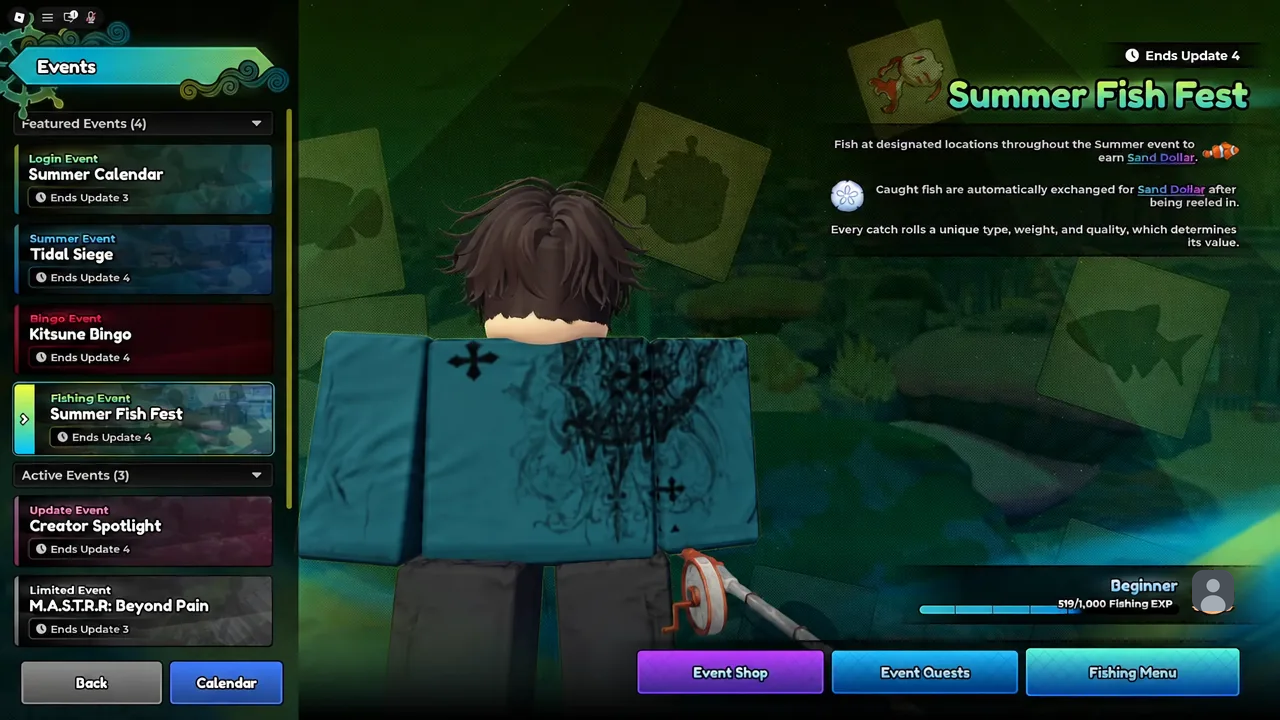 Events screen with Summer Fish Fest highlighted showing its details and options