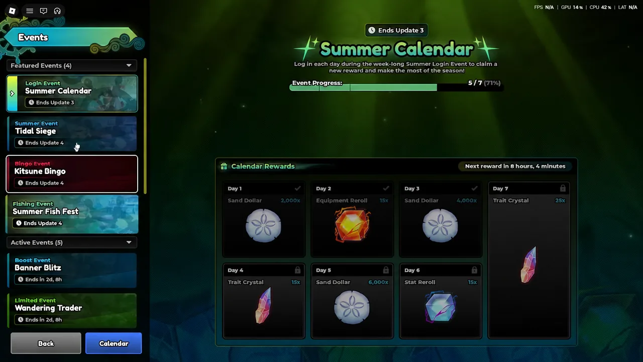 Events menu open on Summer Calendar showing the Calendar Rewards login grid