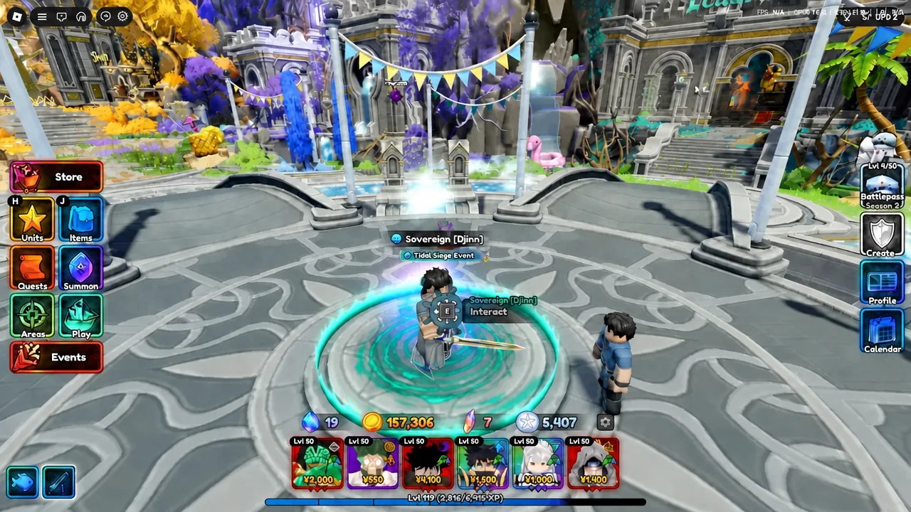 Anime Expeditions lobby with an E Interact prompt showing over the Sovereign [Djinn] statue