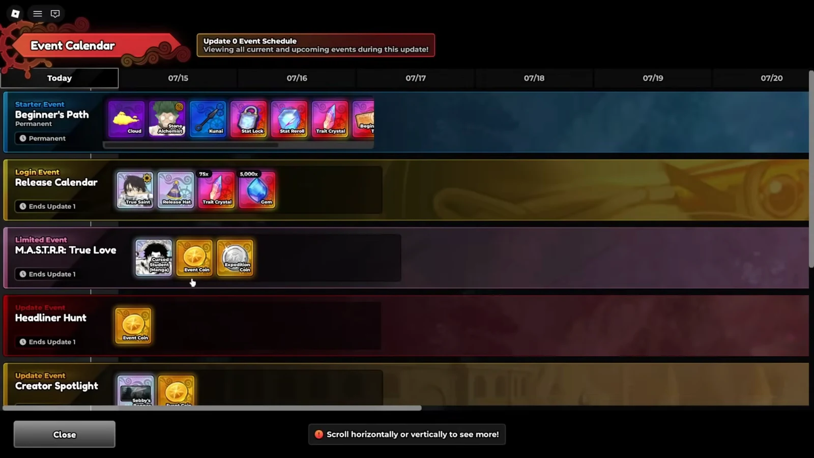 Event Calendar screen showing current and upcoming event rewards