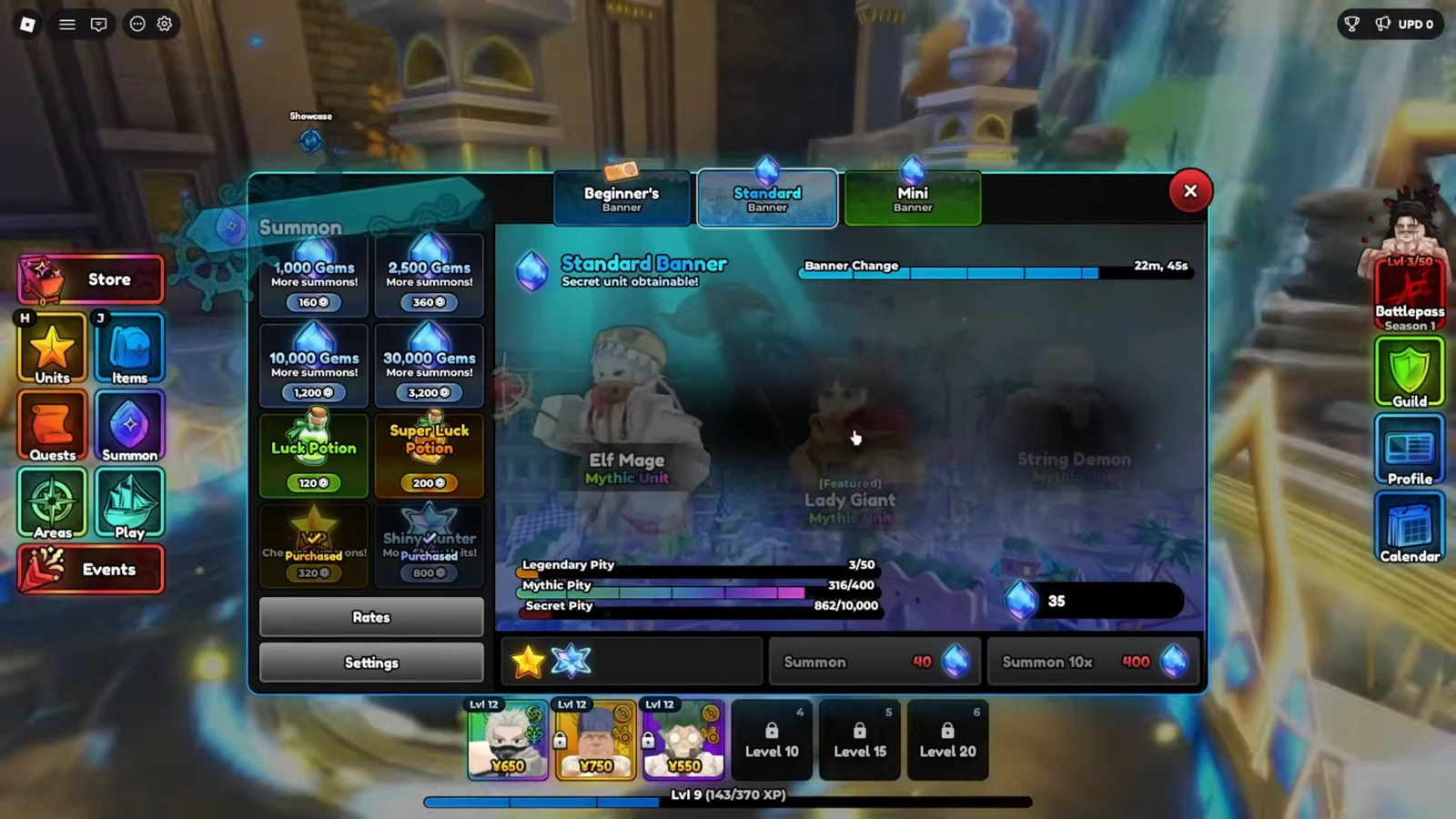 Summon screen with the Standard Banner tab open and single or 10x pull buttons