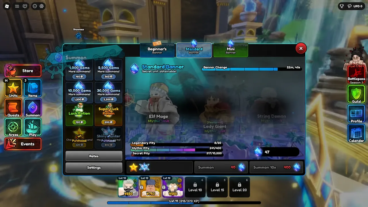 Summon screen with the Standard Banner tab open and single or 10x pull buttons