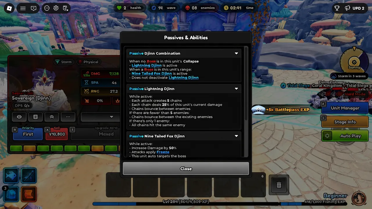 Passives and Abilities dialog showing the full passive descriptions for Sovereign (Djinn)