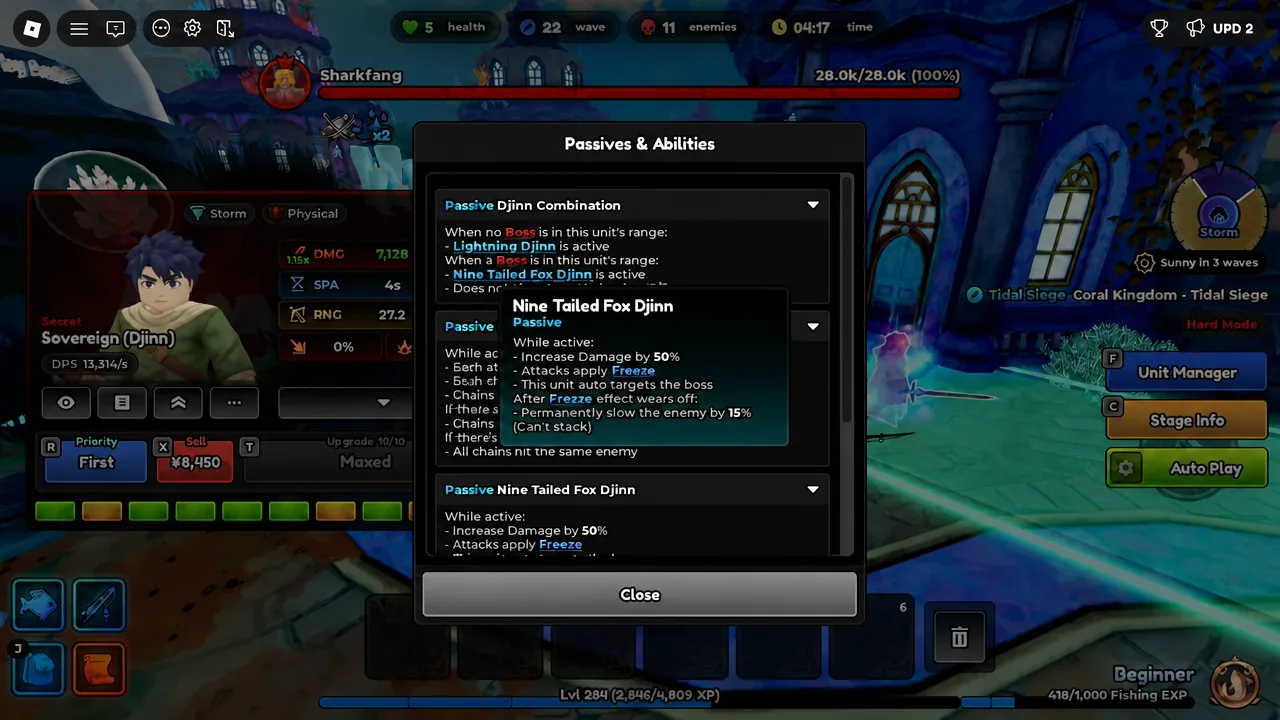 Nine Tailed Fox Djinn passive tooltip open in the Passives and Abilities menu