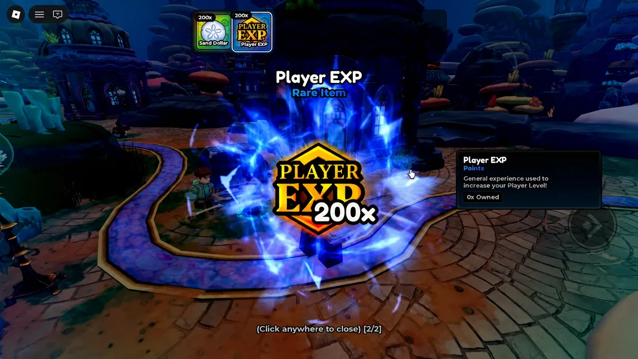 Rare item reward popup awarding 200 times Player EXP after a run ends