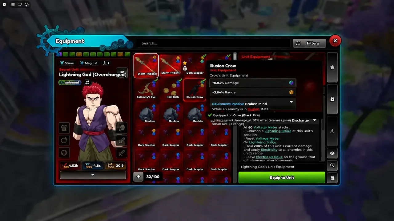 Equipment menu with an item selected and the green Equip to Unit button visible