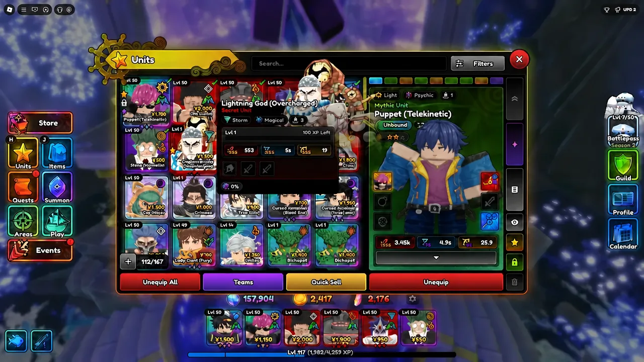 Units roster screen in Anime Expeditions with Lightning God (Overcharged) selected