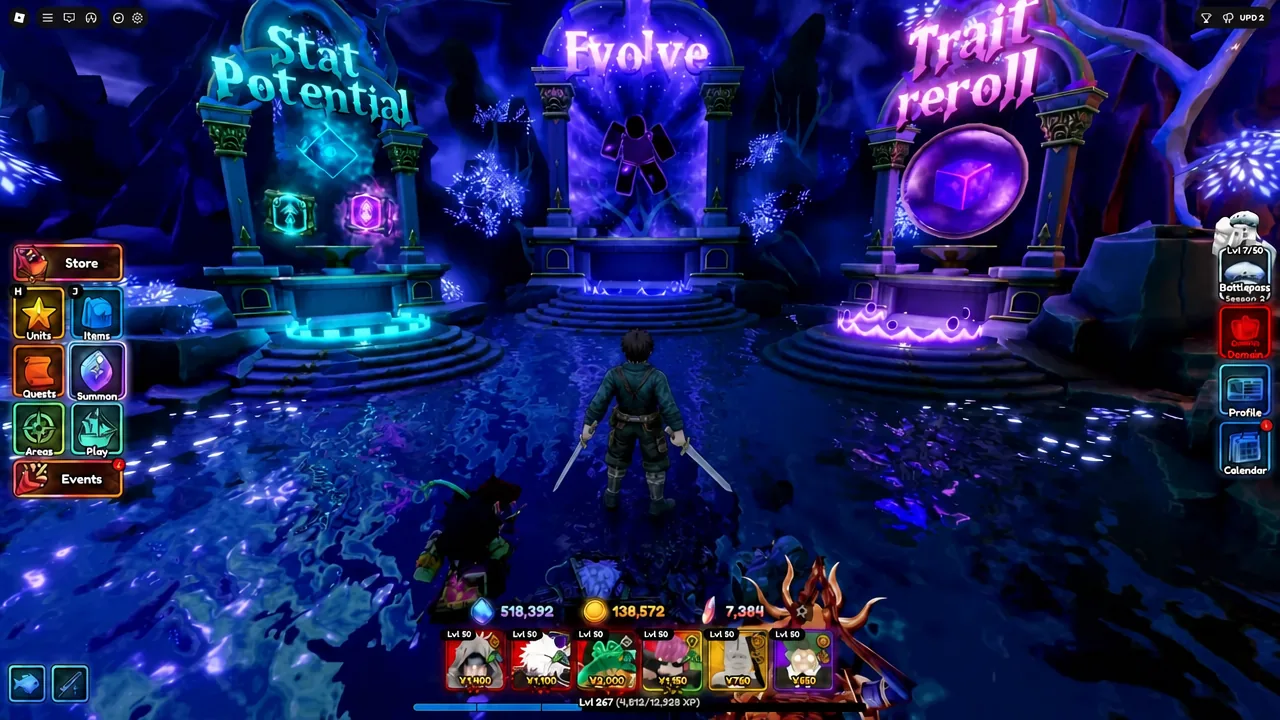 Player standing in front of the highlighted Evolve portal in the hub