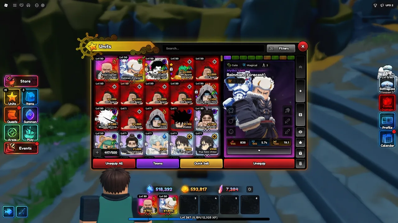 Units menu showing Rainman (Forecast) selected with its unit details open