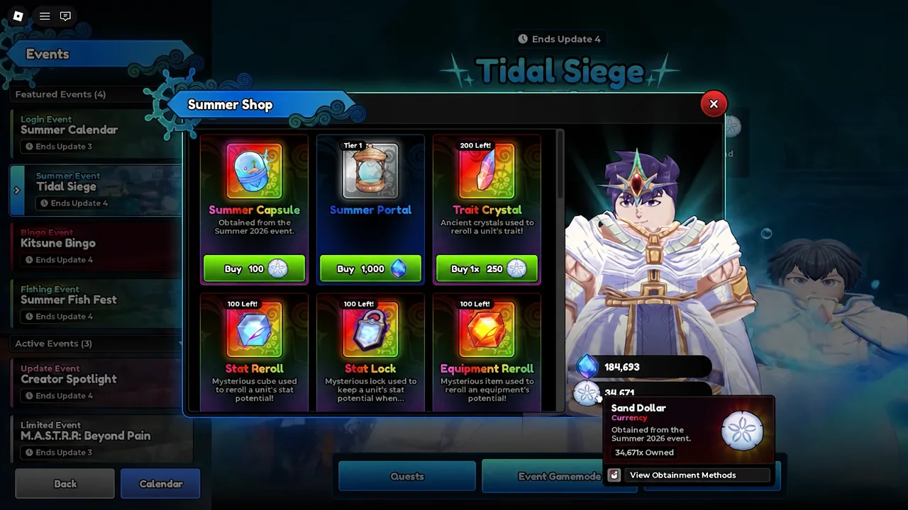 The Tidal Siege Summer Shop open with the Sand Dollar currency tooltip showing while browsing event items