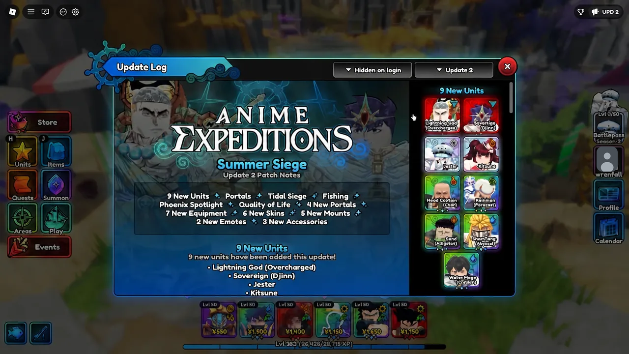 Update Log screen with the Update 2 tab open, listing the nine new Summer Siege units