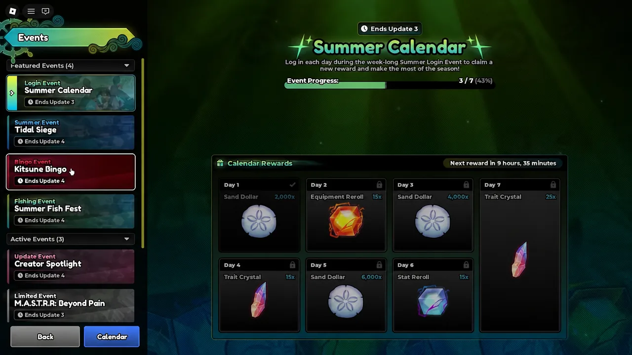 Events menu showing the Summer Calendar login event with Day 1 available