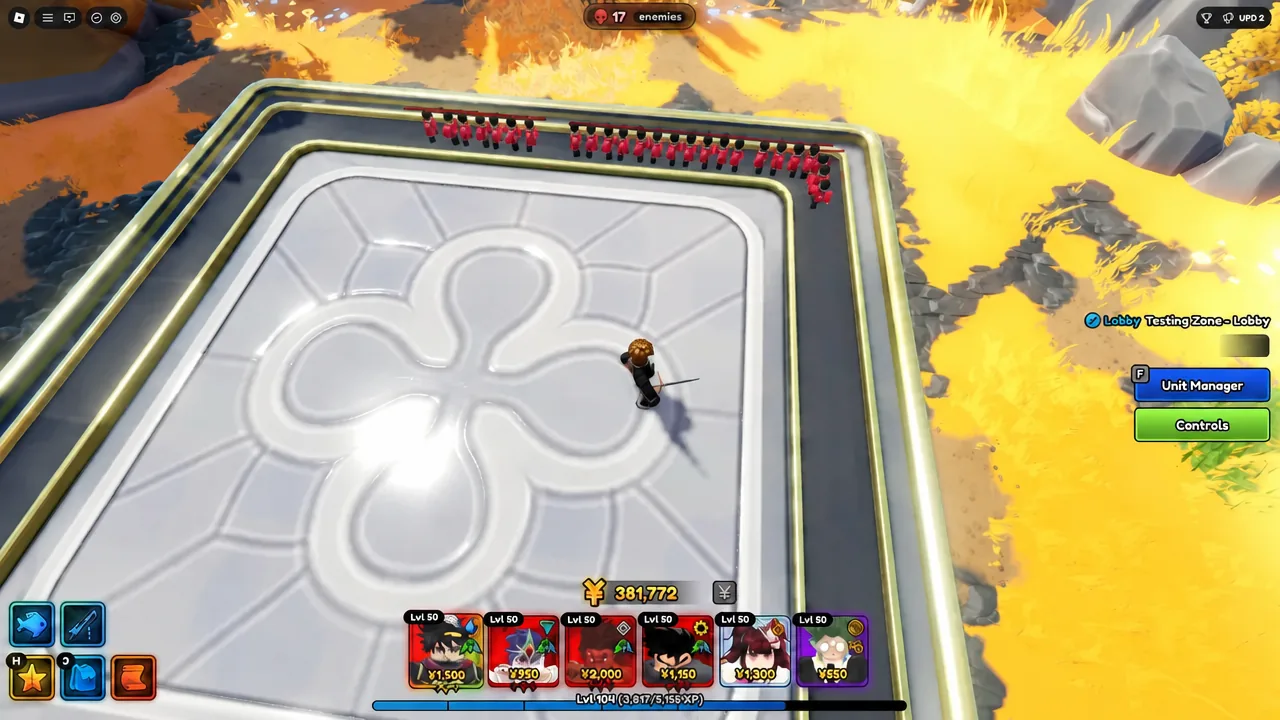 Testing Zone platform in the lobby with the Unit Manager button visible during combat