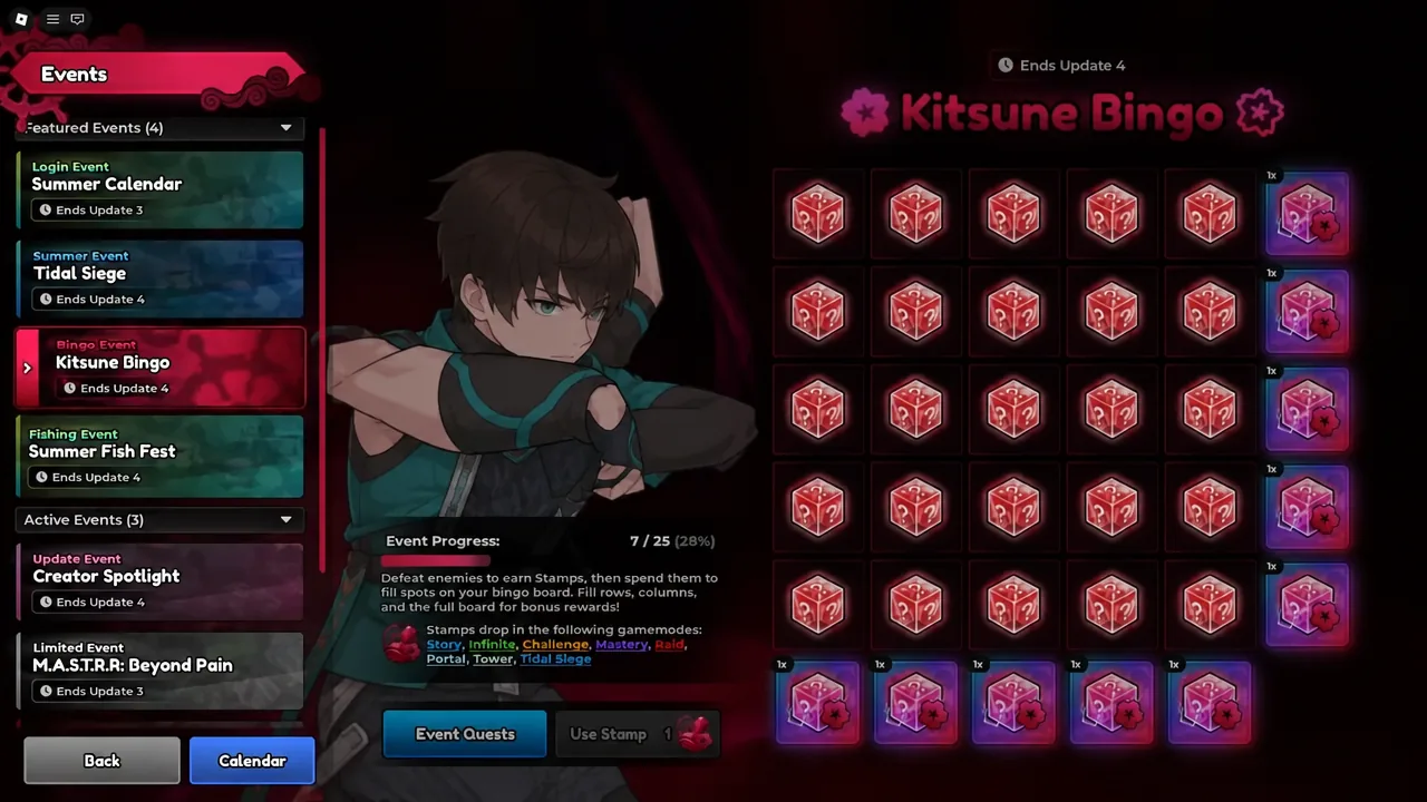 Kitsune Bingo board open in the Events menu showing stamp rewards and Event Quests