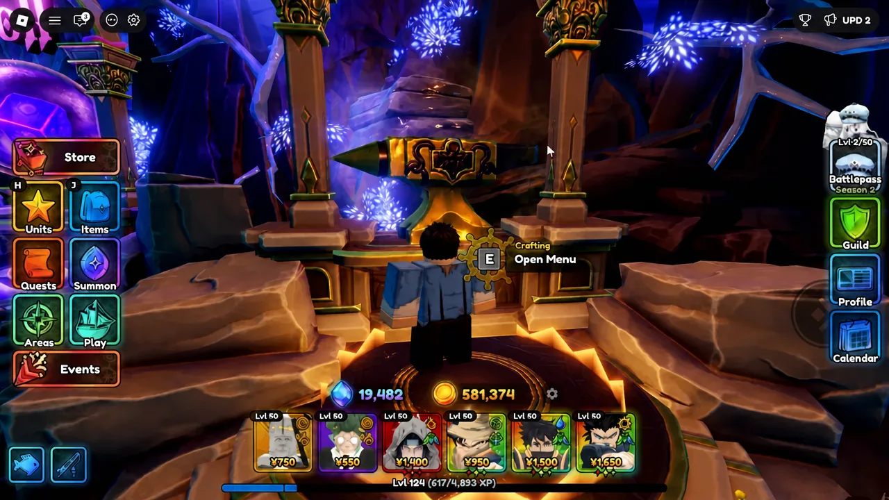 Crafting station in the lobby showing the Open Menu prompt bound to the E key
