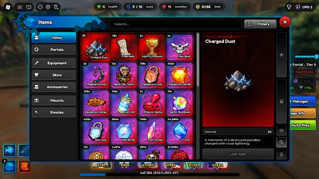 Items menu with Charged Dust selected, showing its description and quantity