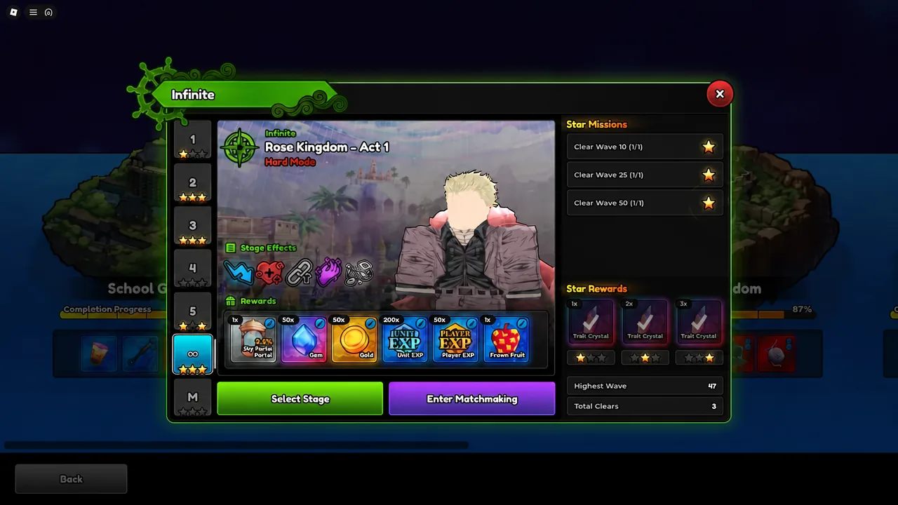 Infinite menu with the endless stage highlighted and Enter Matchmaking available
