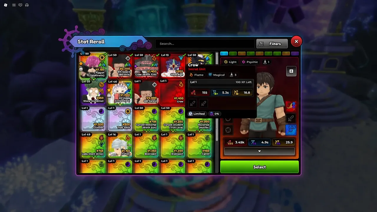 Stat Reroll screen showing a selected unit's details with the green Select button ready