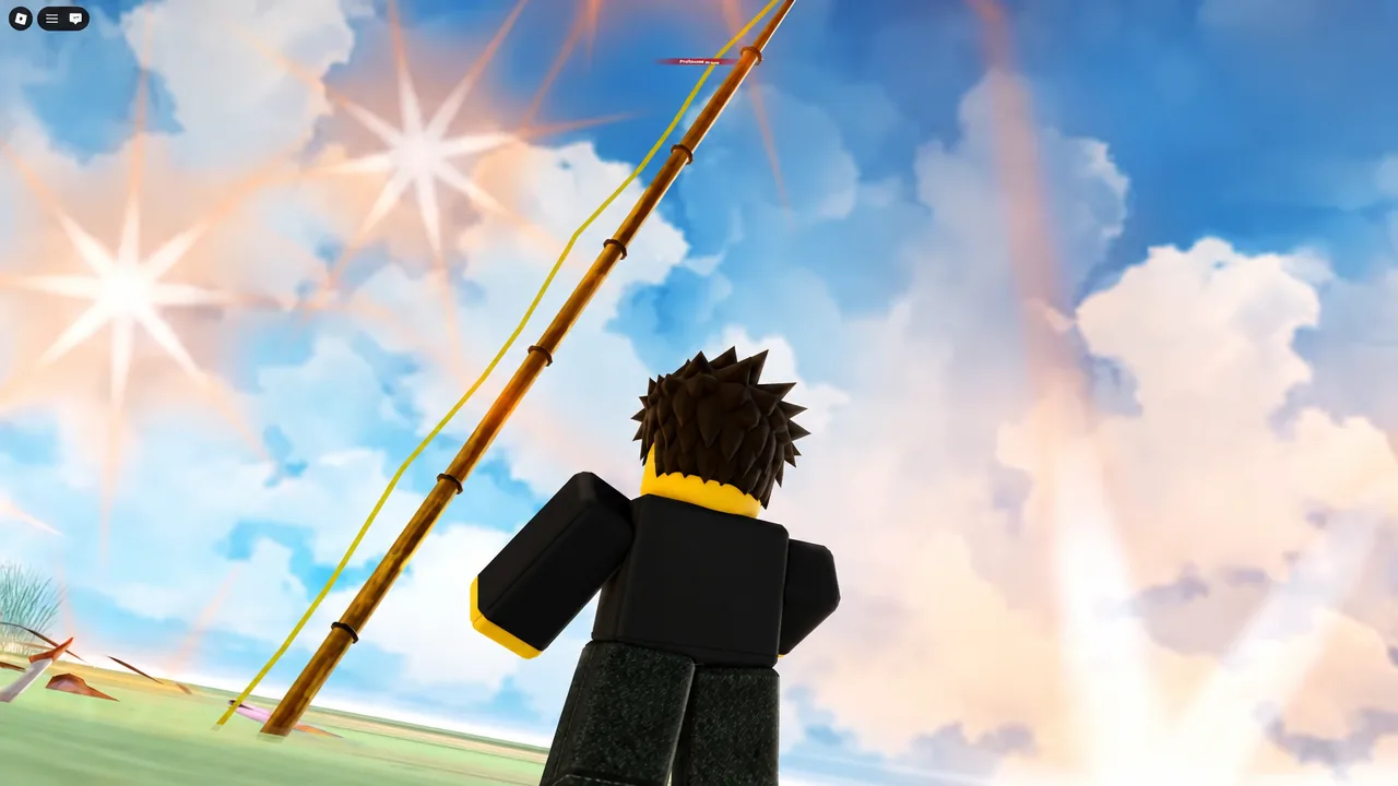 Roblox character gliding beside a yellow zipline cable in the sky