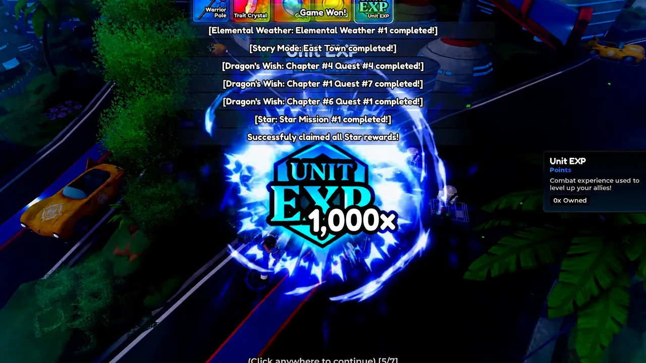 Post-run reward screen awarding 1,000x Unit EXP with a prompt to click anywhere to continue