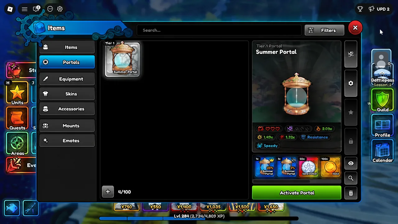 Items menu on the Portals tab with the Summer Portal selected and ready to activate