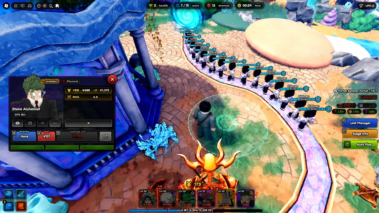 Unit panel open mid-wave showing stats and upgrade controls during a portal run
