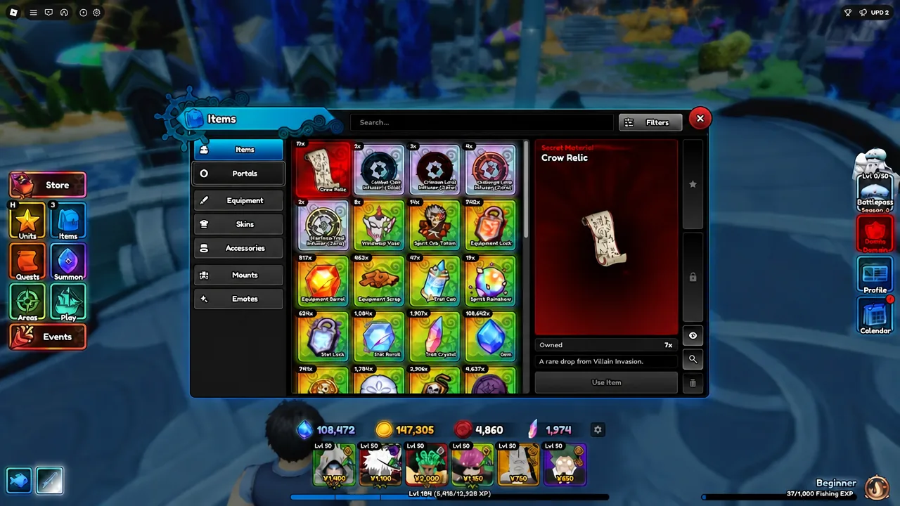 Items menu with the Crow Relic selected, showing its details in the inventory list