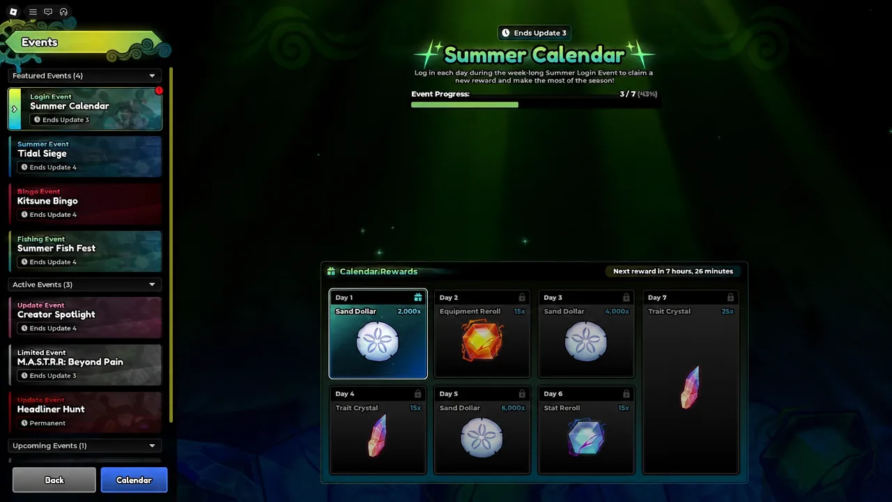 Events menu showing the Summer Calendar with a 2,000 Sand Dollar Day 1 reward ready to claim