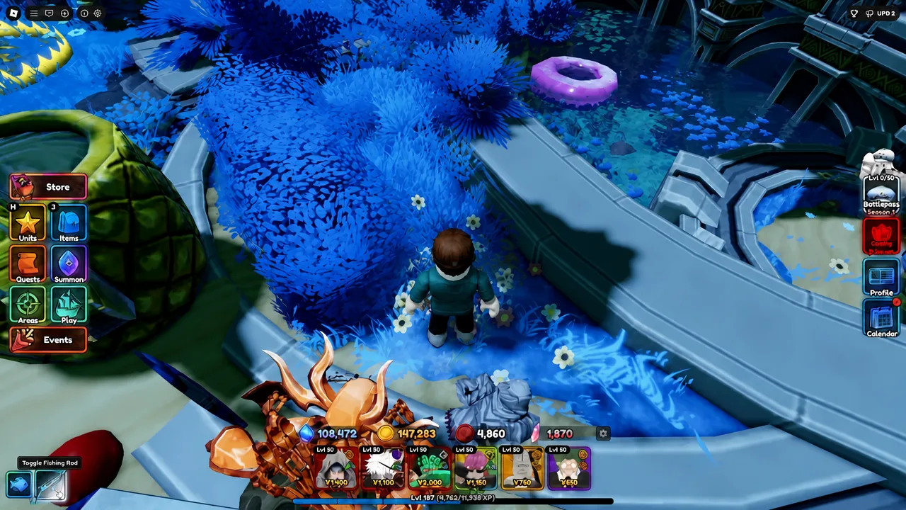 Gameplay HUD with the Toggle Fishing Rod button visible in the bottom-left corner
