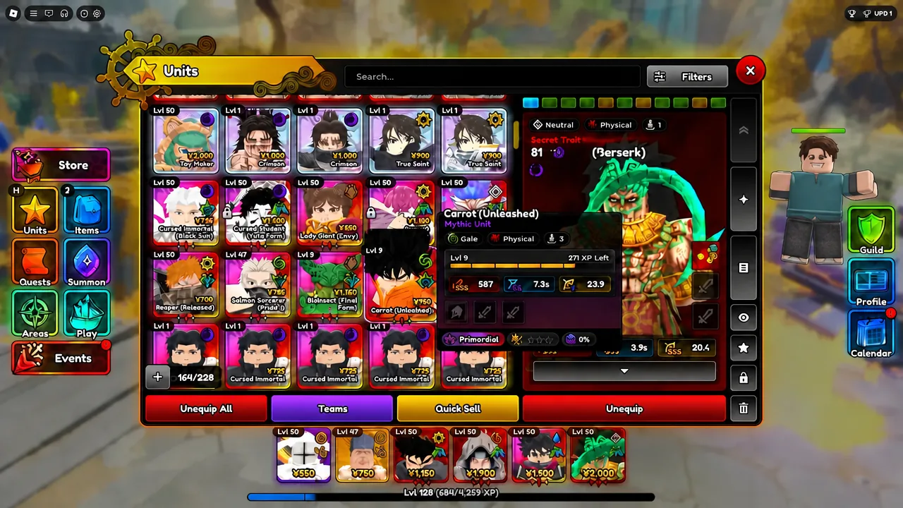 Carrot (Unleashed) selected on the Units screen showing traits, stats, and equipment slots