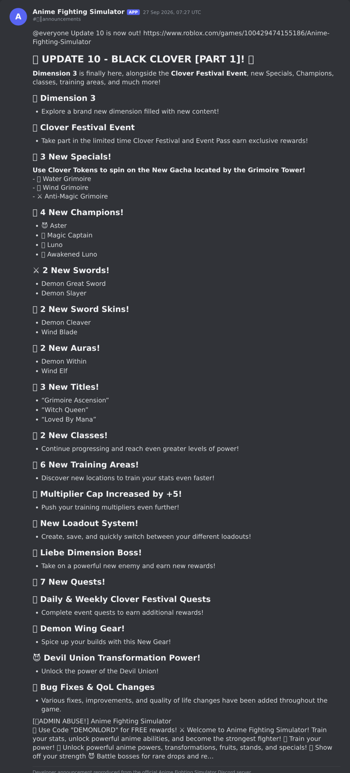 The Anime Fighting Simulator update post in the game's Discord server