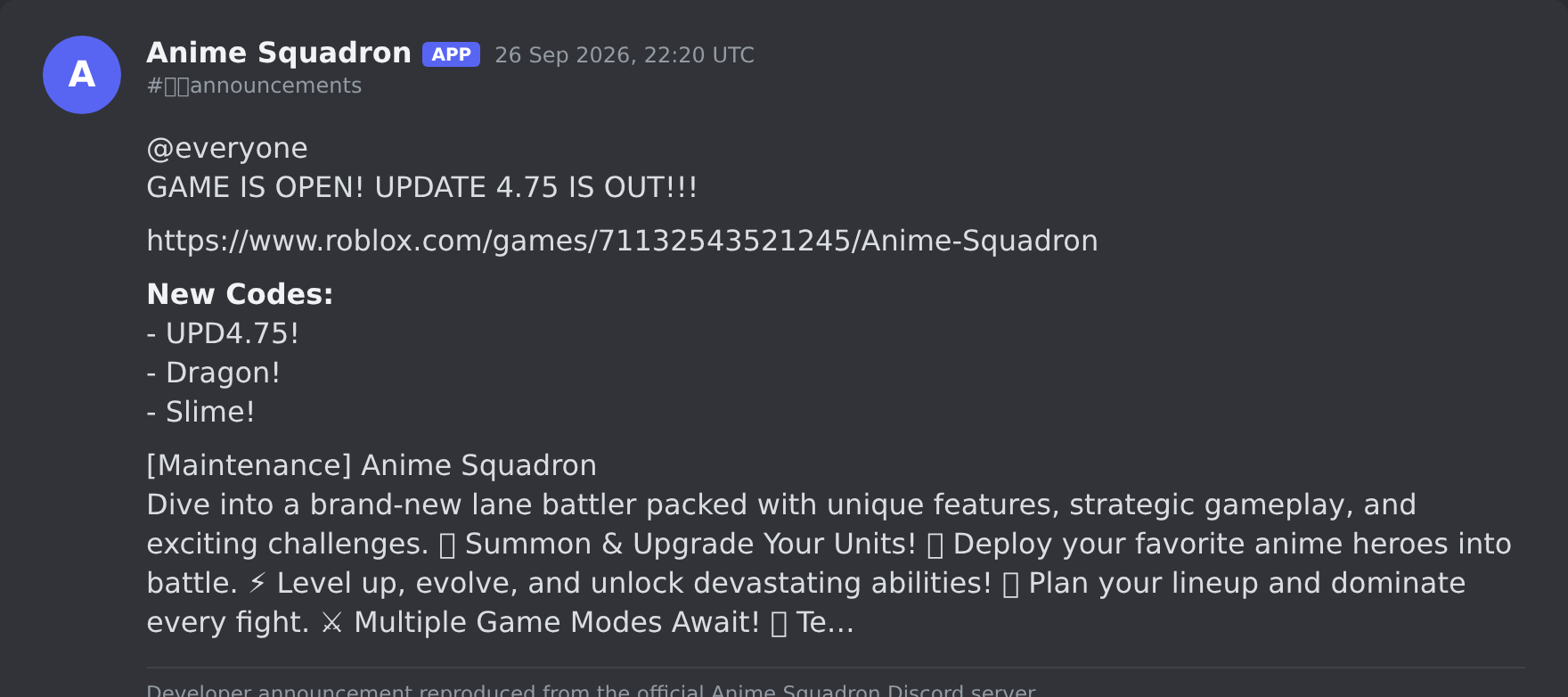 The Anime Squadron update post in the game's Discord server