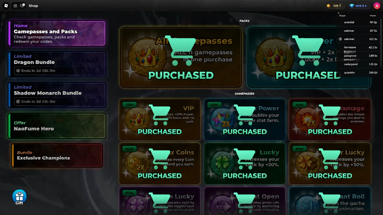 Anime Stars Shop screen showing the Gamepasses and Packs section you scroll past to reach the code box