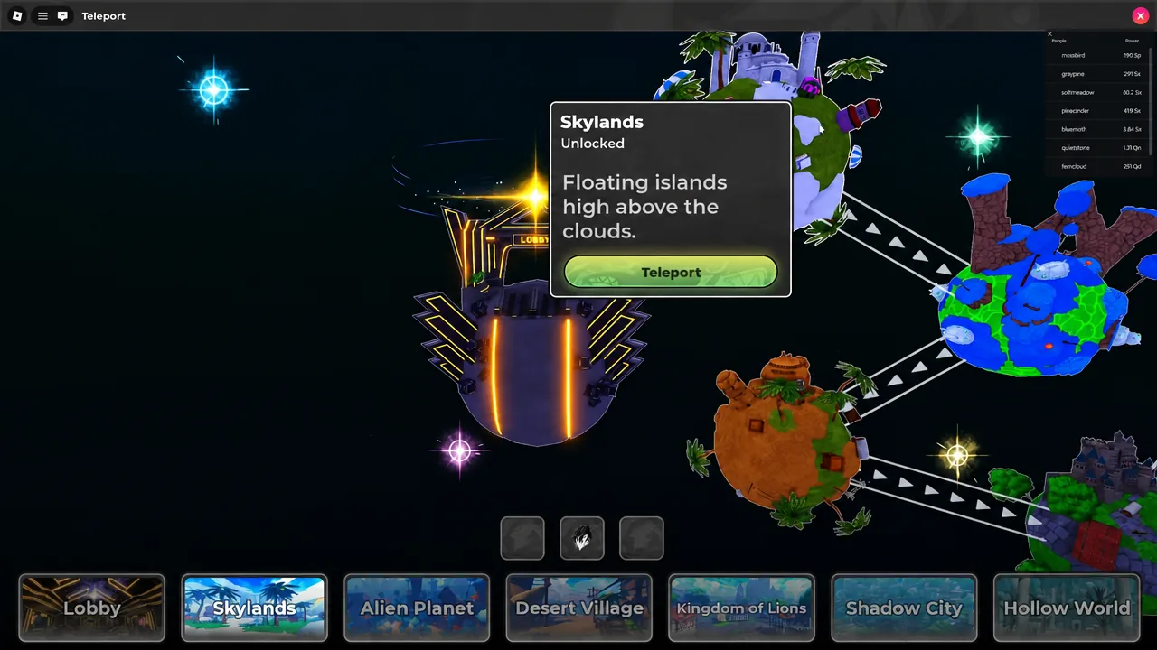 Anime Stars teleport menu showing an unlocked world entry with the green Teleport button highlighted