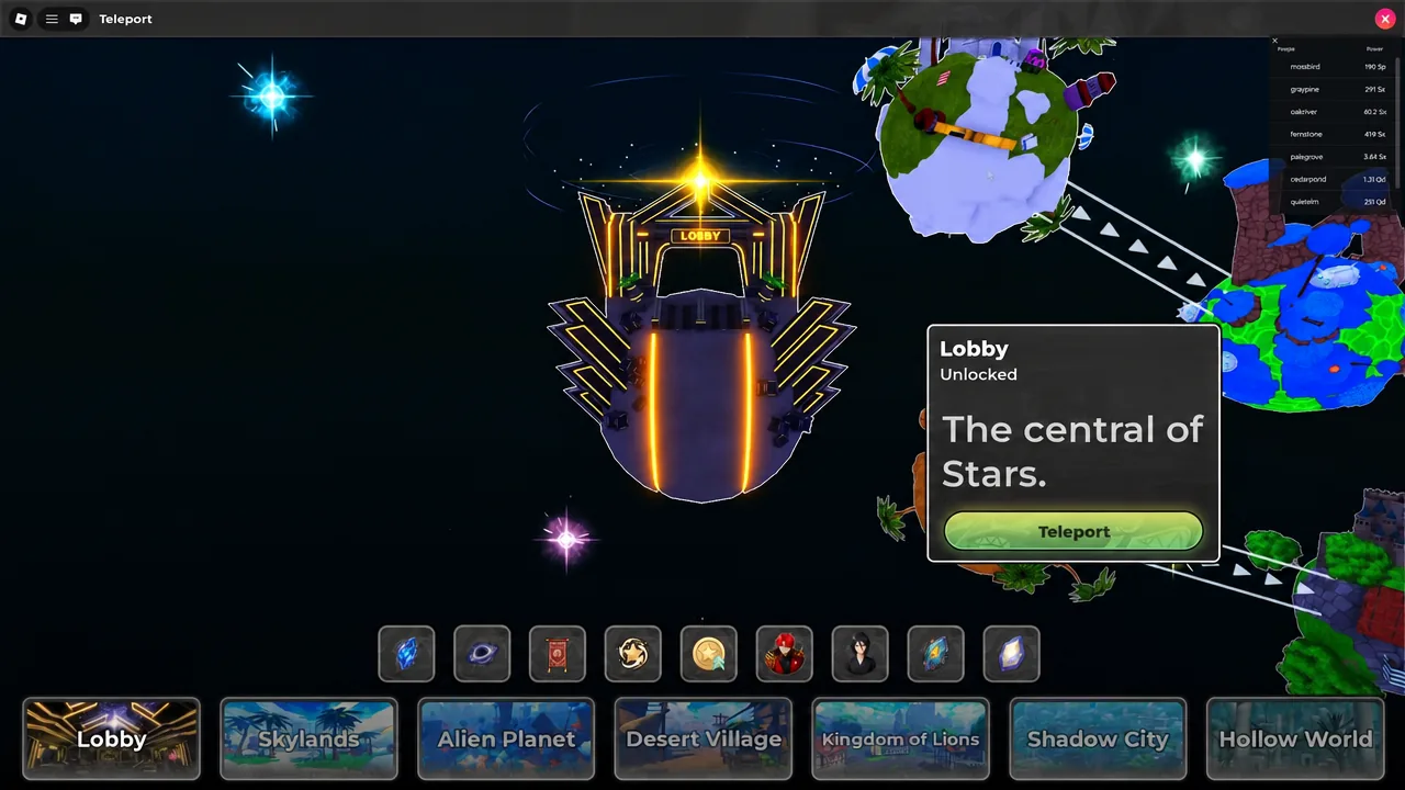 Teleport menu in Anime Stars with the Lobby destination popup and its Teleport button selected