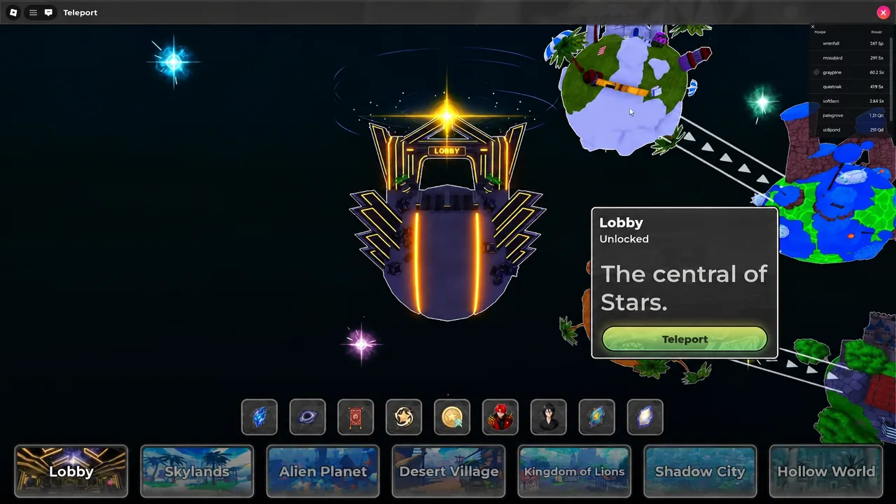 Teleport menu in Anime Stars with the Lobby destination and its Teleport button ready to use