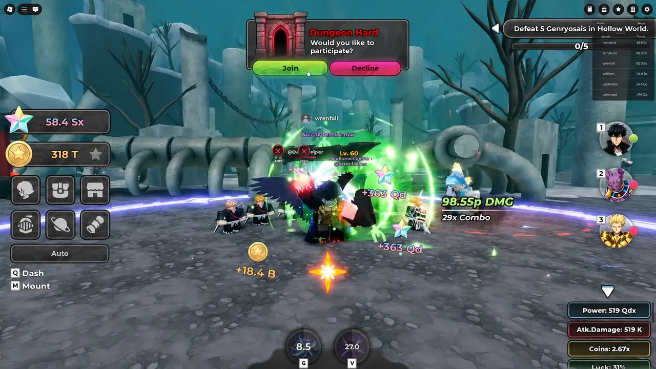 Dungeon Hard confirmation prompt in Anime Stars with the Join button highlighted
