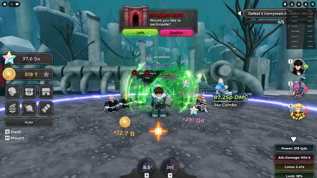 Dungeon Hard participation dialog in Anime Stars with the Join button highlighted