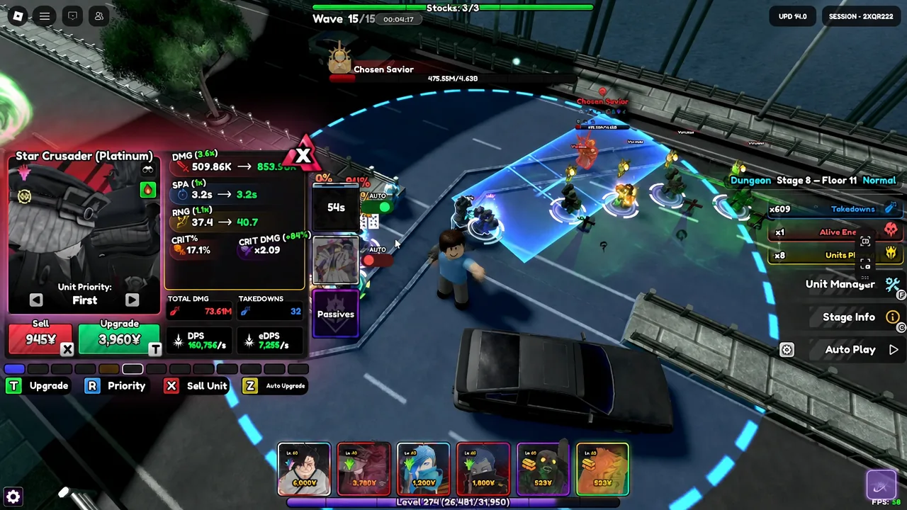 Star Crusader Platinum unit panel open with Upgrade highlighted during Wave 15