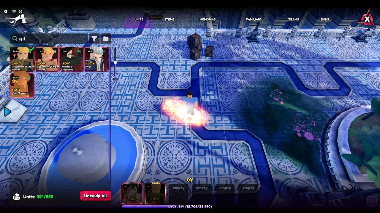 On the Units screen, the search field contains “gil,” filtering the visible unit cards