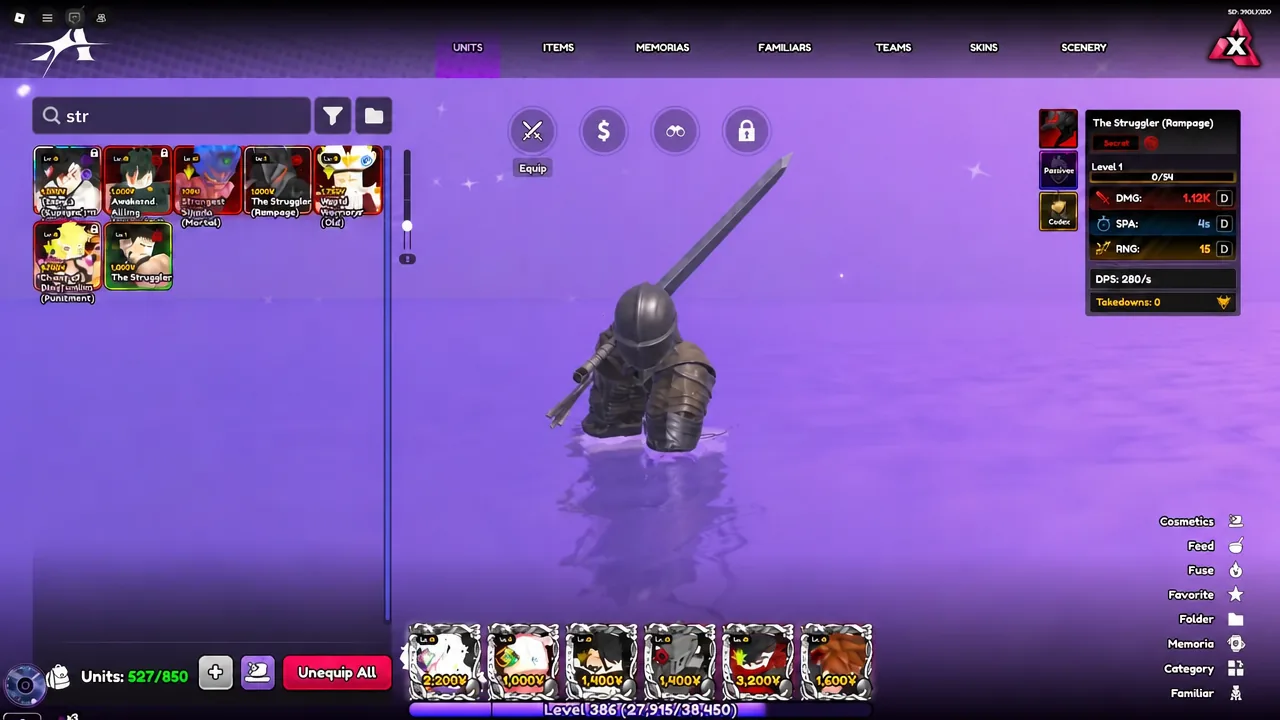 Units inventory screen showing a selected unit model with its stat block and trait