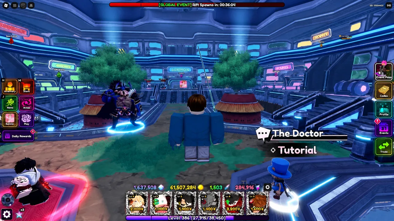 Lobby hub screen with The Doctor tutorial prompt highlighted in Anime Vanguards