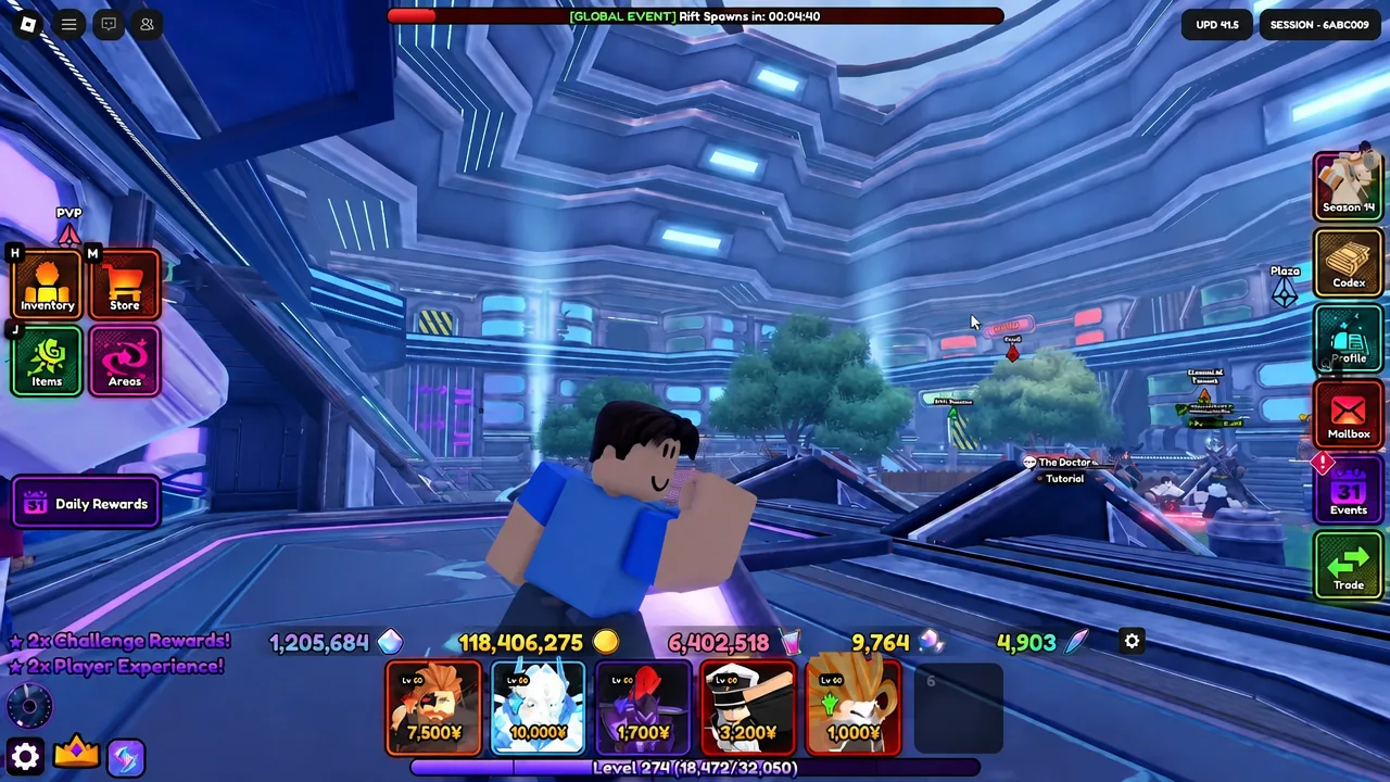 Plaza screen shows the avatar standing in the futuristic hub while Inventory and other navigation controls are available