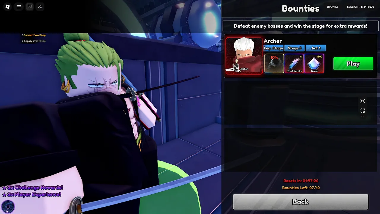 On the Bounties screen, the Play button for Archer Stage 5 Act 1 is ready to start the selected bounty