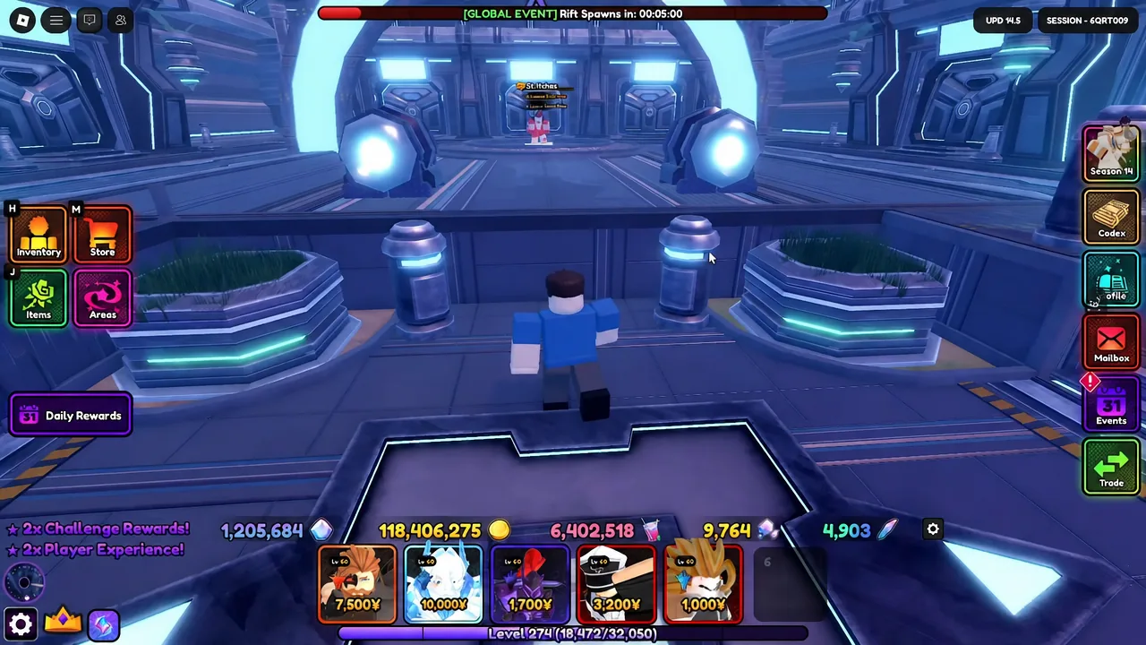The gameplay screen shows the avatar approaching a central NPC while the Inventory, Store, Items, Areas, and Daily Rewards buttons remain available