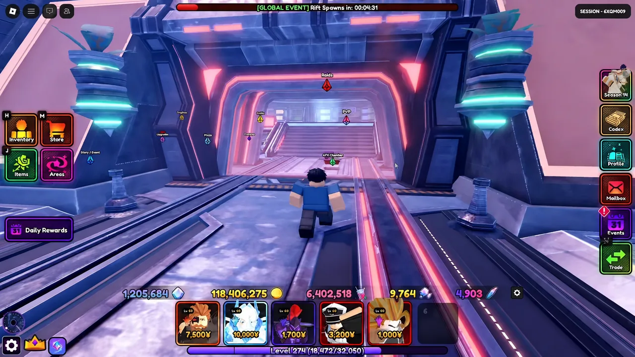 Main gameplay screen shows the avatar moving toward the neon-lit entrance while the Inventory, Store, Items, and Areas buttons remain visible