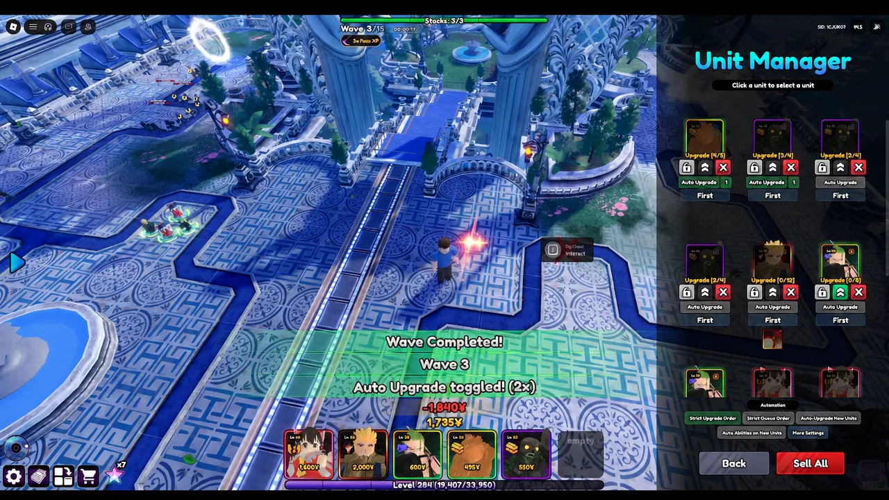 Unit Manager with the first unit card highlighted and Auto Upgrade toggled after wave 3