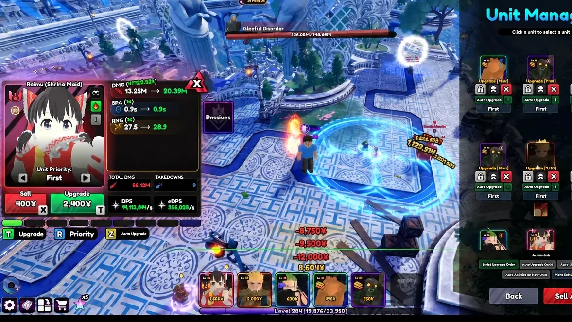 Unit Management screen with Reimu (Shrine Maid) selected while checking stats and upgrades