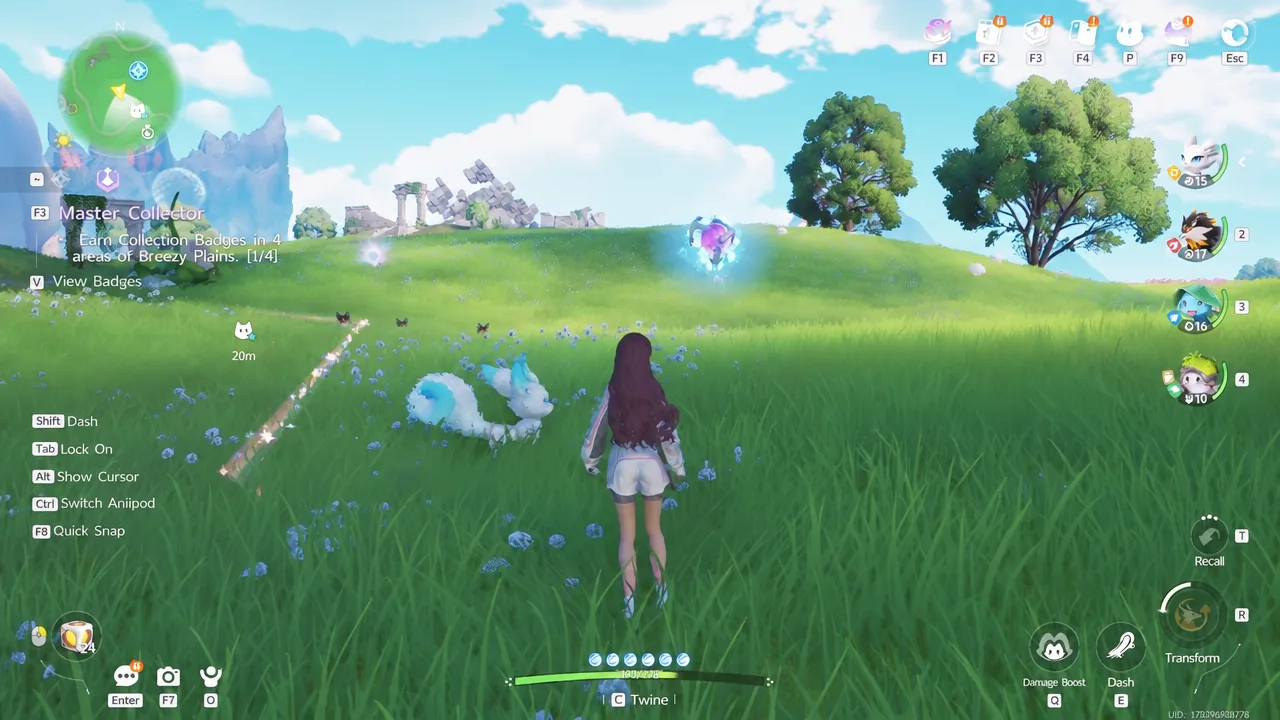 Character approaching a glowing collectible in Breezy Plains with the quest tracker visible